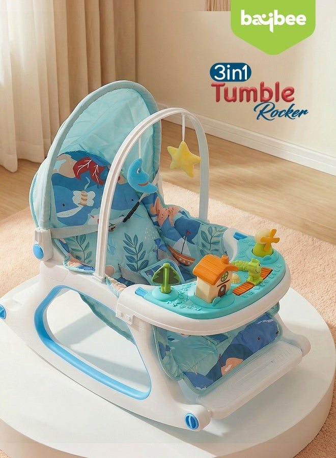 BAYBEE 3 in 1 Baby Rocker & Feeding Chair | Baby Rocking Chair for Kids with Soothing Rocking Motion, Adjustable Recline, Removable Food & Toy Tray, Safety Harness | Baby Rocker for Kids 0 to 3 Years Blue - Image 2